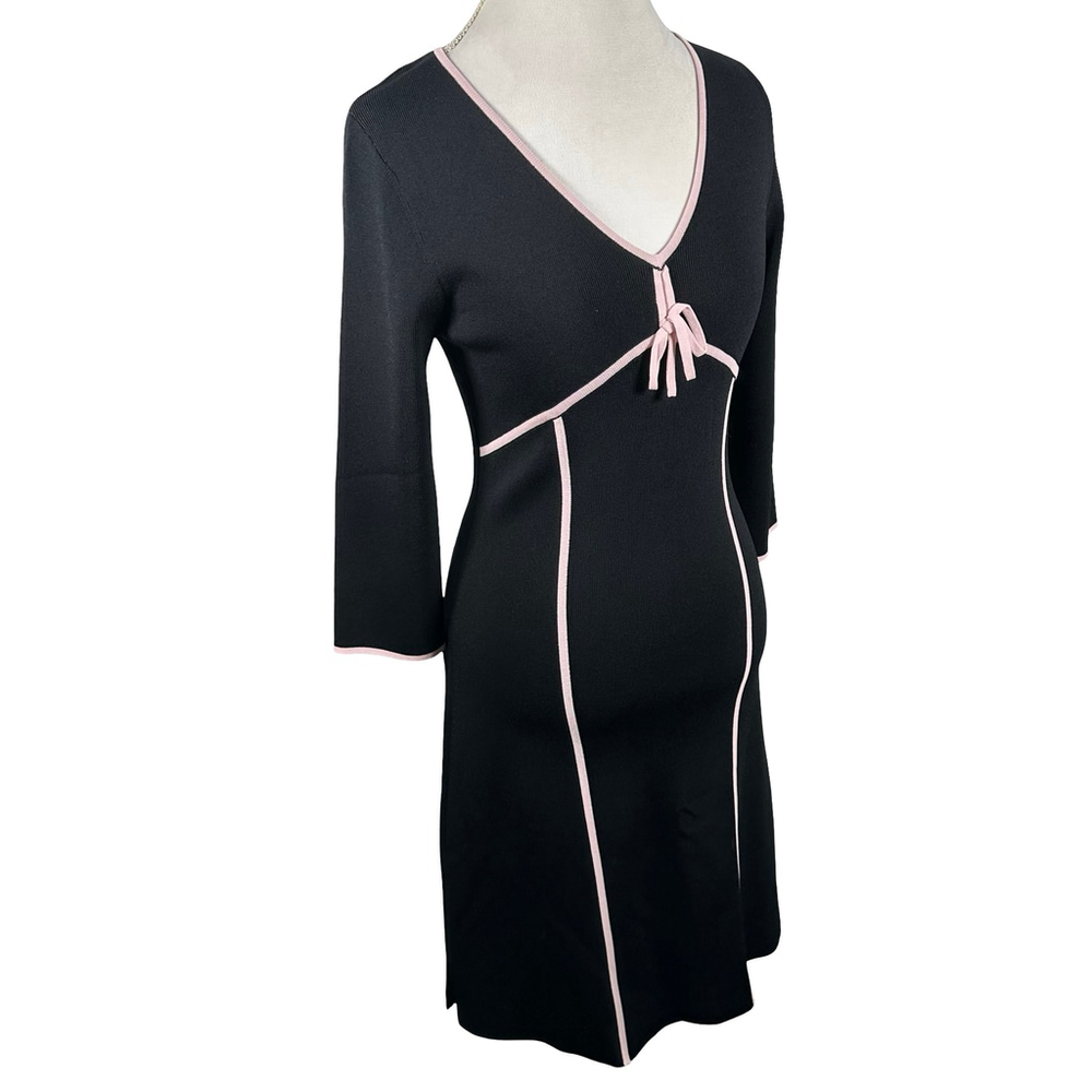 BCBGMaxazria Black Sheath Bodycon Dress Pink Bow V-Neck Empire Waist size M Y2K - Picture 8 of 11